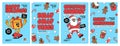 Merry Christmas market groovy funny cartoon posters. Santa Claus, Christmas tree, coffee and ball.