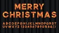 Merry Christmas marquee alphabet with bulb light shiny effect. Carnival or circus abc for banners and posters. Broadway Royalty Free Stock Photo