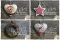 Merry Christmas Message, Decoration Pinecone Wreath, Tin Hearth, White Wooden Star, Collection of Four
