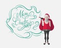 Merry christmas message vector in cursive green with hipster santa