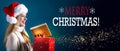 Merry Christmas message with woman opening a gift box Royalty Free Stock Photo
