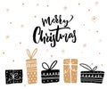 Merry Christmas minimalistic card design with calligraphy text and gift boxes. Black and gold colors