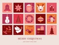Merry Christmas modern design, holiday gifts, winter elements, candles, Christmas tree, village and Xmas decorations Royalty Free Stock Photo
