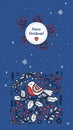 Merry Christmas modern folk banner template. Bird on branch with Xmas berries, holly on blue background. Vector vertical