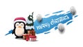 Merry Christmas, modern postcard with white balloons and penguin in Santa Claus hat with presents. Blue torn banner.