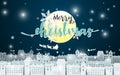 Merry Christmas. Moon and Santa Claus Driving in a Sledge over city at Night seance background. Paper art Style Royalty Free Stock Photo