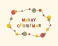 Merry Christmas multicolored text with garland frame on beige background. Vector illustration