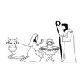 Merry christmas nativity christian cartoon in black and white Royalty Free Stock Photo