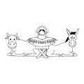 Merry christmas nativity christian cartoon in black and white Royalty Free Stock Photo