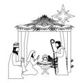 Merry christmas nativity christian cartoon in black and white Royalty Free Stock Photo