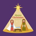 Merry christmas - The Nativity with mary and joseph in a manger with baby Jesus at night and light star christmas tree shape cute