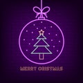 Merry christmas neon sign. New Year holyday bright signboard with Christmas ball and Xmas tree. Vector. Royalty Free Stock Photo