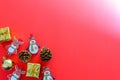 Merry Christmas and New year background. Christmas holiday card of flying ornaments, Golden balls, snowmen, reindeer,