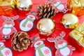 Merry Christmas and New year background. Christmas holiday card of flying ornaments, Golden balls, snowmen, reindeer,