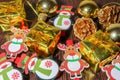 Merry Christmas and New year background. Christmas holiday card of flying ornaments, Golden balls, snowmen, reindeer,