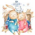 Merry christmas and new year bunnies watercolor illustration. Christmas night is full of magic. The symbol of the new