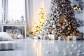 Merry Christmas and New Year card with bokeh: gifts under the tree in the room, space for text Royalty Free Stock Photo