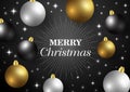 Merry Christmas,New year card and glitter decoration. Black and gold background with balls Royalty Free Stock Photo