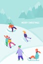 Merry Christmas or New Year Card with kids riding sledding slide. Snow landscape, winter snowy fun activities. Sled Royalty Free Stock Photo