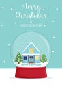 Merry Christmas and new year card. Winter wonderland scenes in a snow globe. Winter card design illustration for Royalty Free Stock Photo