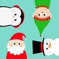Merry Christmas. New Year. Elf Santa Claus Snowman Penguin bird round face head icon set. Cute cartoon funny kawaii baby character Royalty Free Stock Photo