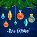 Merry Christmas and New Year Garland Light Design on Blue Background.