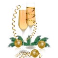 Merry Christmas and New Year. Glasses with champagne, gold serpentine, brilliant golden balls with ornament, pine
