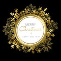 Merry Christmas and New Year gold snow wreath Royalty Free Stock Photo