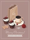 Merry Christmas and New Year greeting card. Cupcakes with cherry and cup of coffee.