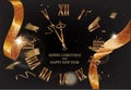 Merry christmas and New Year greeting card with gold sparkling ribbon ,flying confetti and beautiful watch.