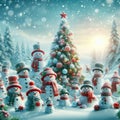 Merry Christmas and New Year greeting card. Many snowmen standing in winter Christmas landscape.Winter Royalty Free Stock Photo