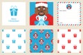 Merry Christmas and New year greeting card set. Includes holiday themed seamless patterns. Cute african american Santa