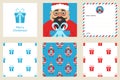 Merry Christmas and New year greeting card set. Seamless patterns. Cute asian Santa.