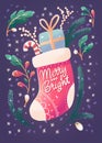 Merry Christmas and New Year hand lettering card on a gift sock with candy cane and stars. Colorful illustration Royalty Free Stock Photo