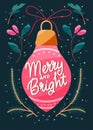 Merry Christmas and New Year hand lettering card on a light bauble holiday decoration and stars. Colorful festive vector Royalty Free Stock Photo