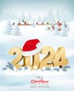 Merry Christmas and New Year holiday background with christmas landscape and 2024 numbers Royalty Free Stock Photo