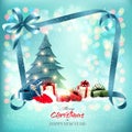 Merry Christmas and New Year Holiday Background with magic box, presents and blue ribbon. Royalty Free Stock Photo