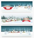 Merry Christmas and New Year holiday background with presents, christmas tree and and winter village. Royalty Free Stock Photo