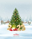 Merry Christmas and New Year holiday background with presents, christmas tree and and winter village Royalty Free Stock Photo