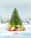 Merry Christmas and New Year holiday background with presents, christmas tree and and winter village Royalty Free Stock Photo