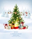 Merry Christmas and New Year holiday background with presents, christmas tree and and winter village. Royalty Free Stock Photo