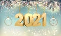 Merry Christmas and New Year Holiday background with 2021 and transparent balls. Vector Royalty Free Stock Photo