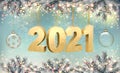 Merry Christmas and New Year Holiday background with 2021 and transparent balls. Vector Royalty Free Stock Photo