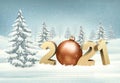 Merry Christmas and New Year Holiday landscape background with a 2021 and a bauble. Royalty Free Stock Photo