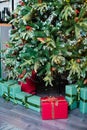 Merry Christmas and New Year holidays background. Beautiful decorated christmas tree. Beautiful decorated fireplace and Christmas Royalty Free Stock Photo