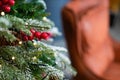 Merry Christmas and New Year holidays background. Beautiful decorated christmas tree. Beautiful decorated fireplace and Christmas Royalty Free Stock Photo