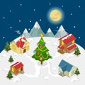 Merry Christmas New Year houses fir tree flat vector isometric Royalty Free Stock Photo