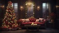 Merry Christmas and New Year interior. Festive living room with large windows, sofa with cushions, decorated Christmas fir tree