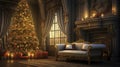 Merry Christmas and New Year interior. Festive living room with large windows, sofa with cushions, decorated Christmas fir tree