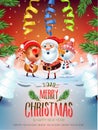 2019 Merry Christmas & New Year poster. Santa Claus Snowman, and symbol of 2019 year Pig